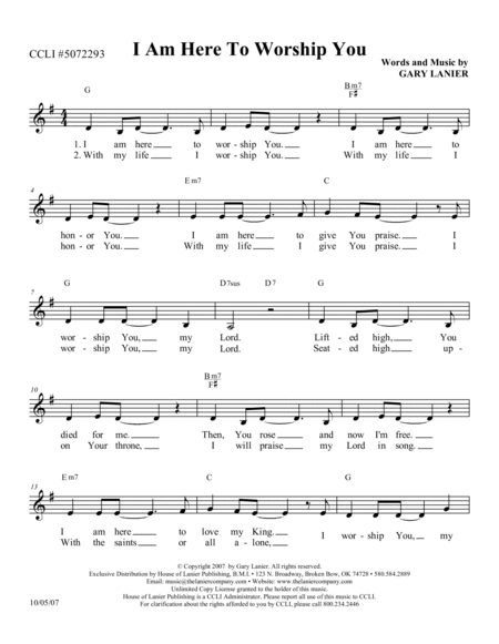 I AM HERE TO WORSHIP YOU, Worship Lead Sheet (Includes melody, lyrics, and guitar chords) image number null