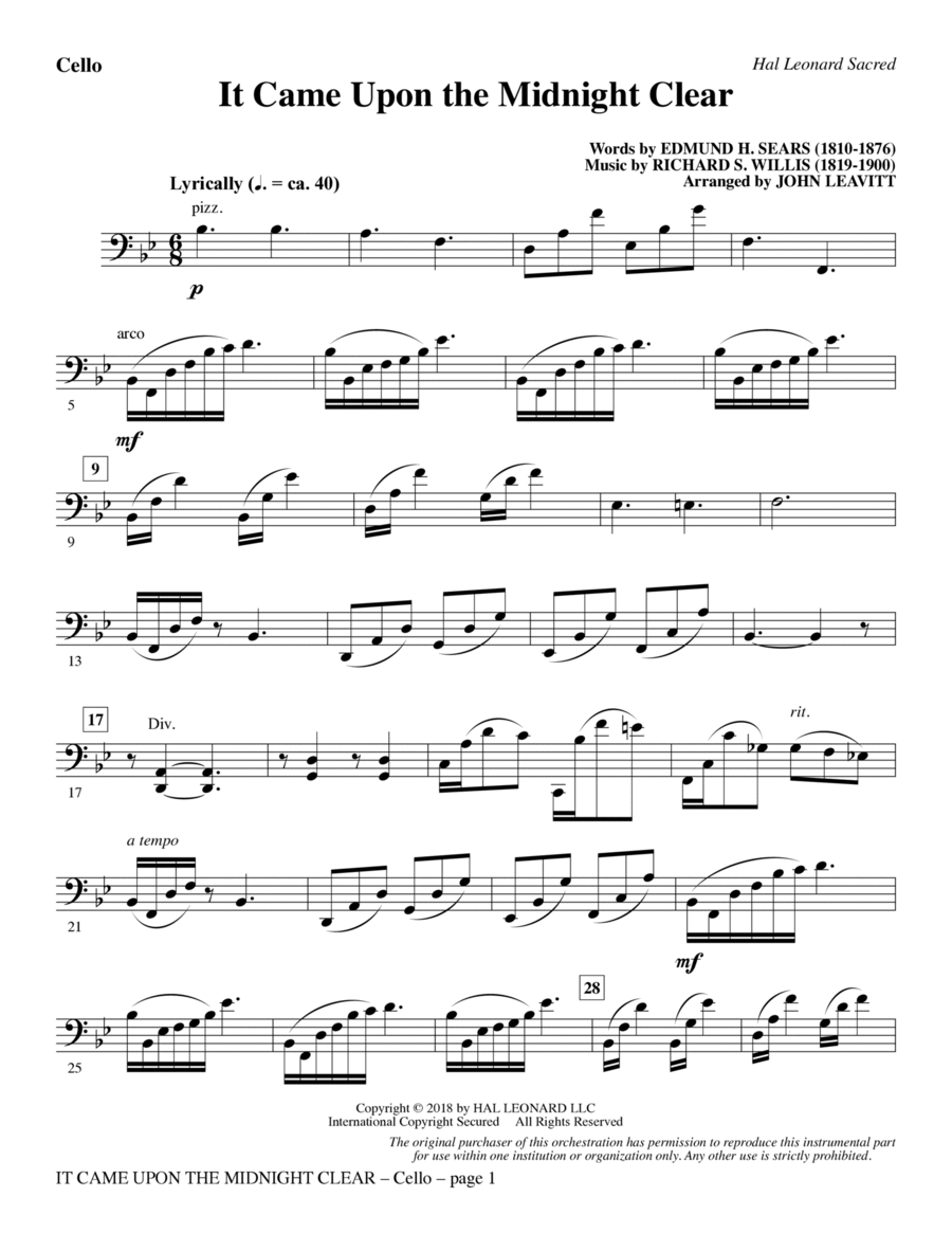 It Came Upon the Midnight Clear - Cello Choir scores gallery preview page 1