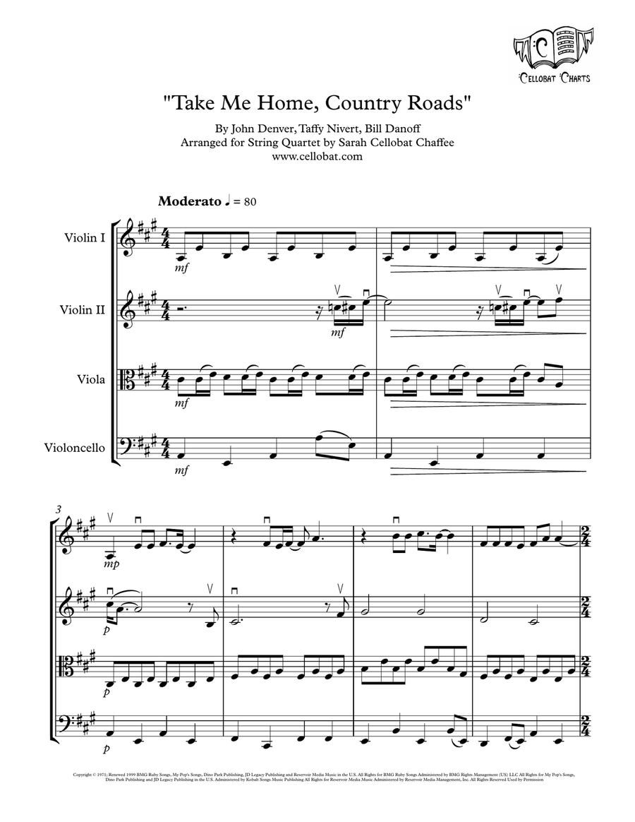 Take Me Home, Country Roads by John Denver String Quartet - Digital Sheet Music