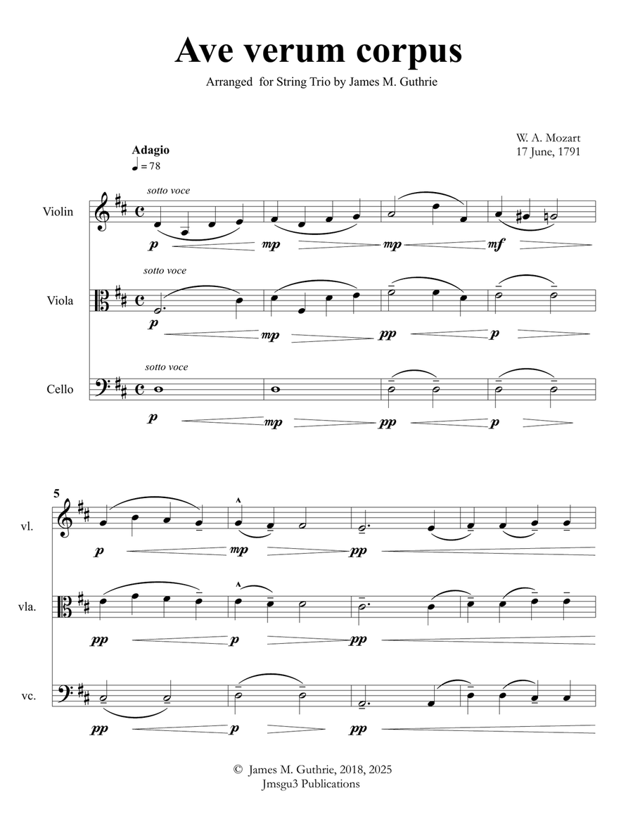 Mozart: Ave Verum Corpus for String Trio String Trio scores gallery preview page 1