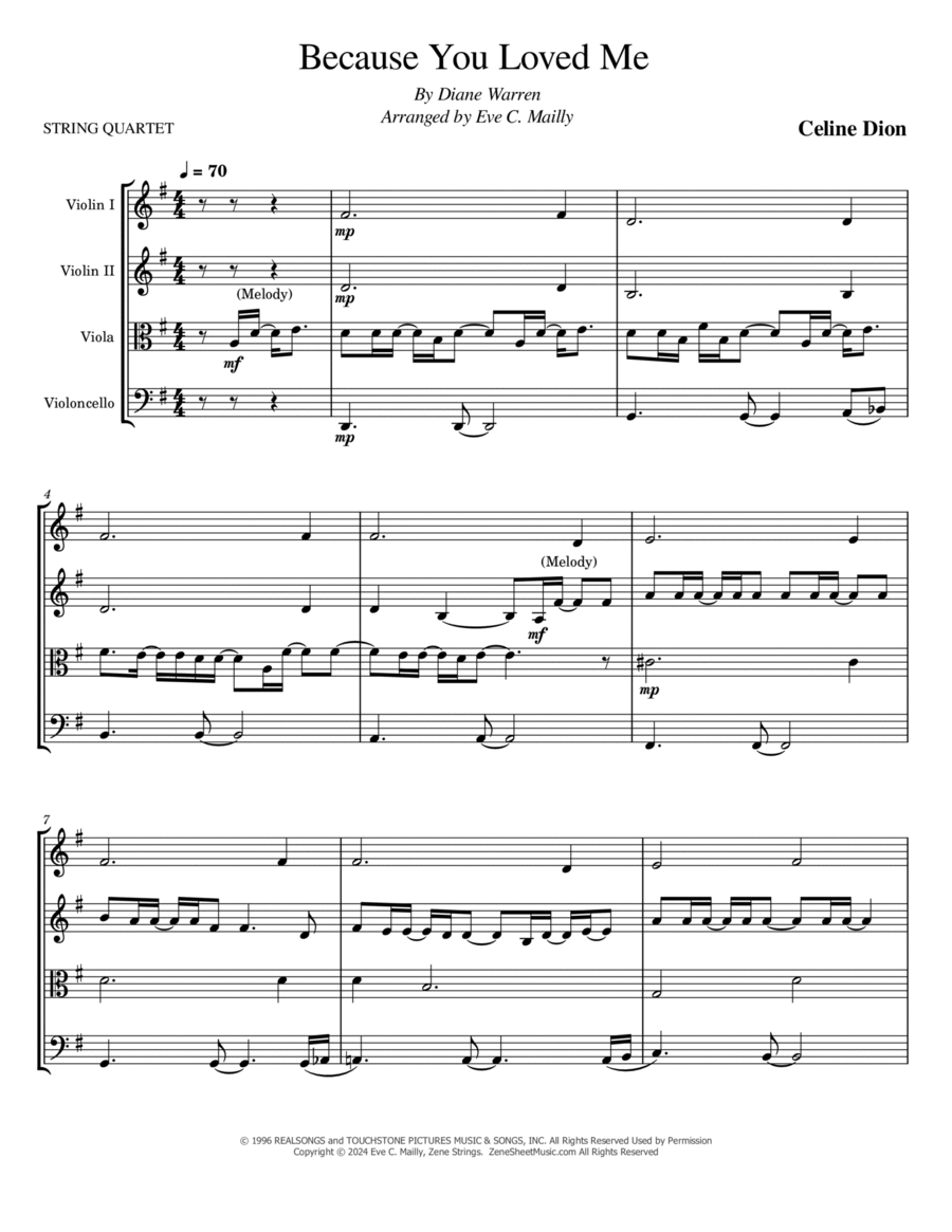 Because You Loved Me String Quartet scores gallery preview page 1