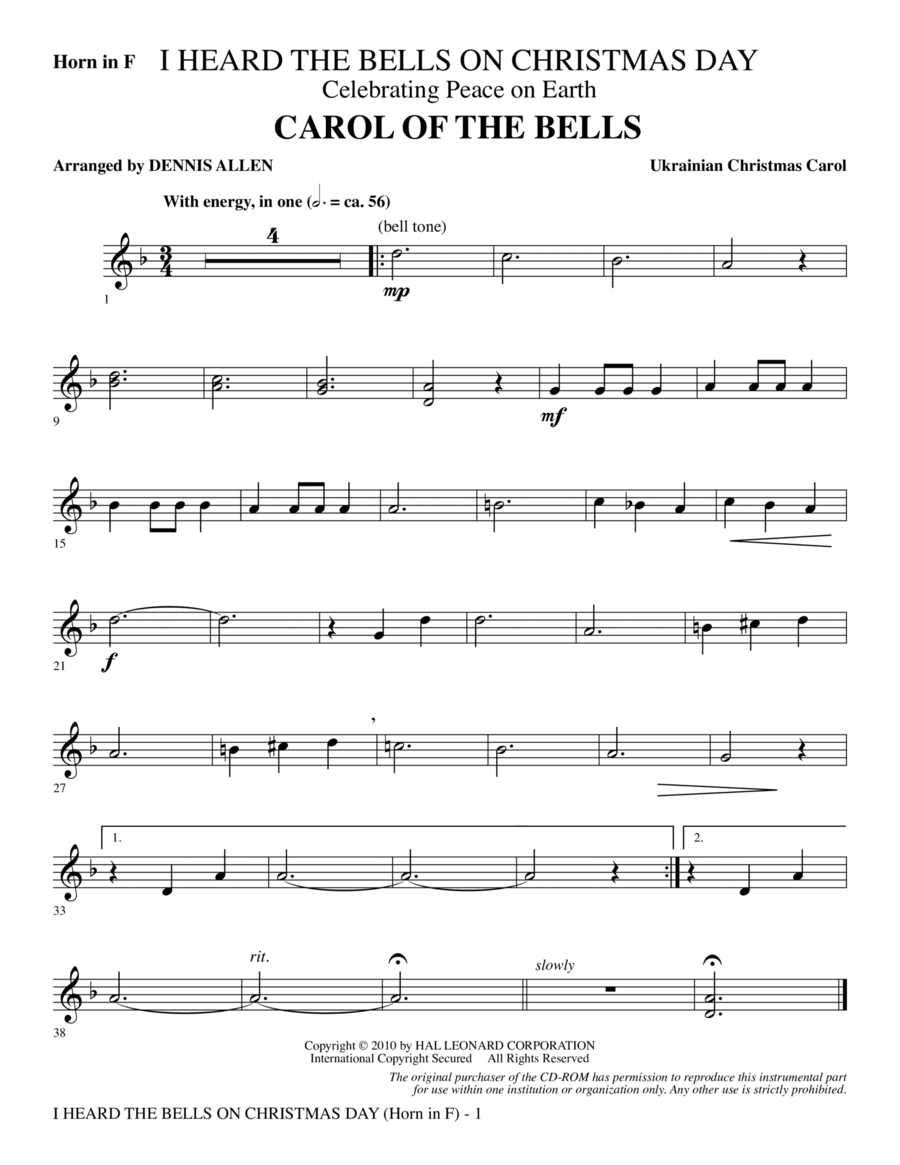 I Heard The Bells On Christmas Day (Celebrating Peace On Earth) - Horn in F Choir scores gallery preview page 1
