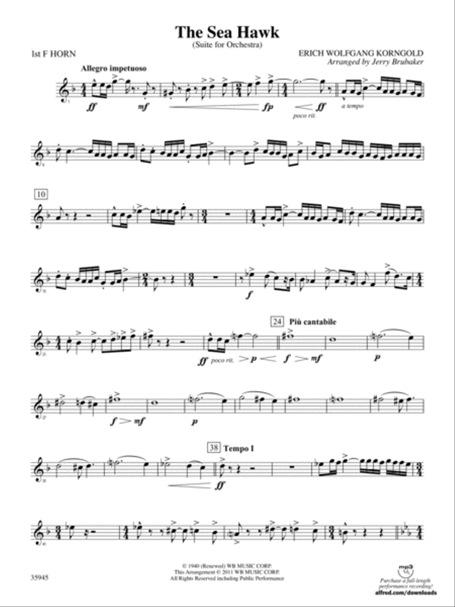 The Sea Hawk: 1st F Horn Full Orchestra scores gallery preview page 1