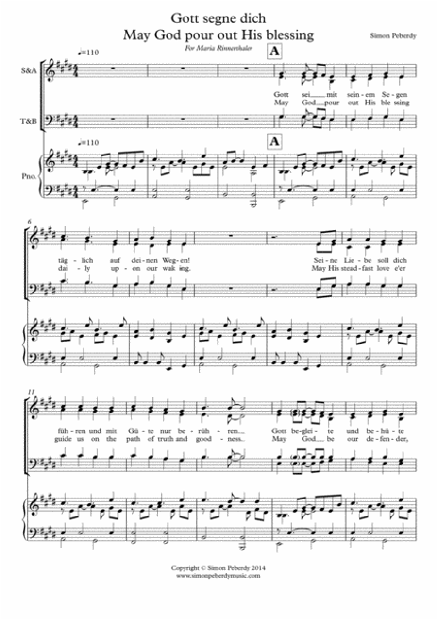 Gott segne dich / May God pour out his blessing (Gm & Eng) (SATB or STB or SA and piano/guitar image number null