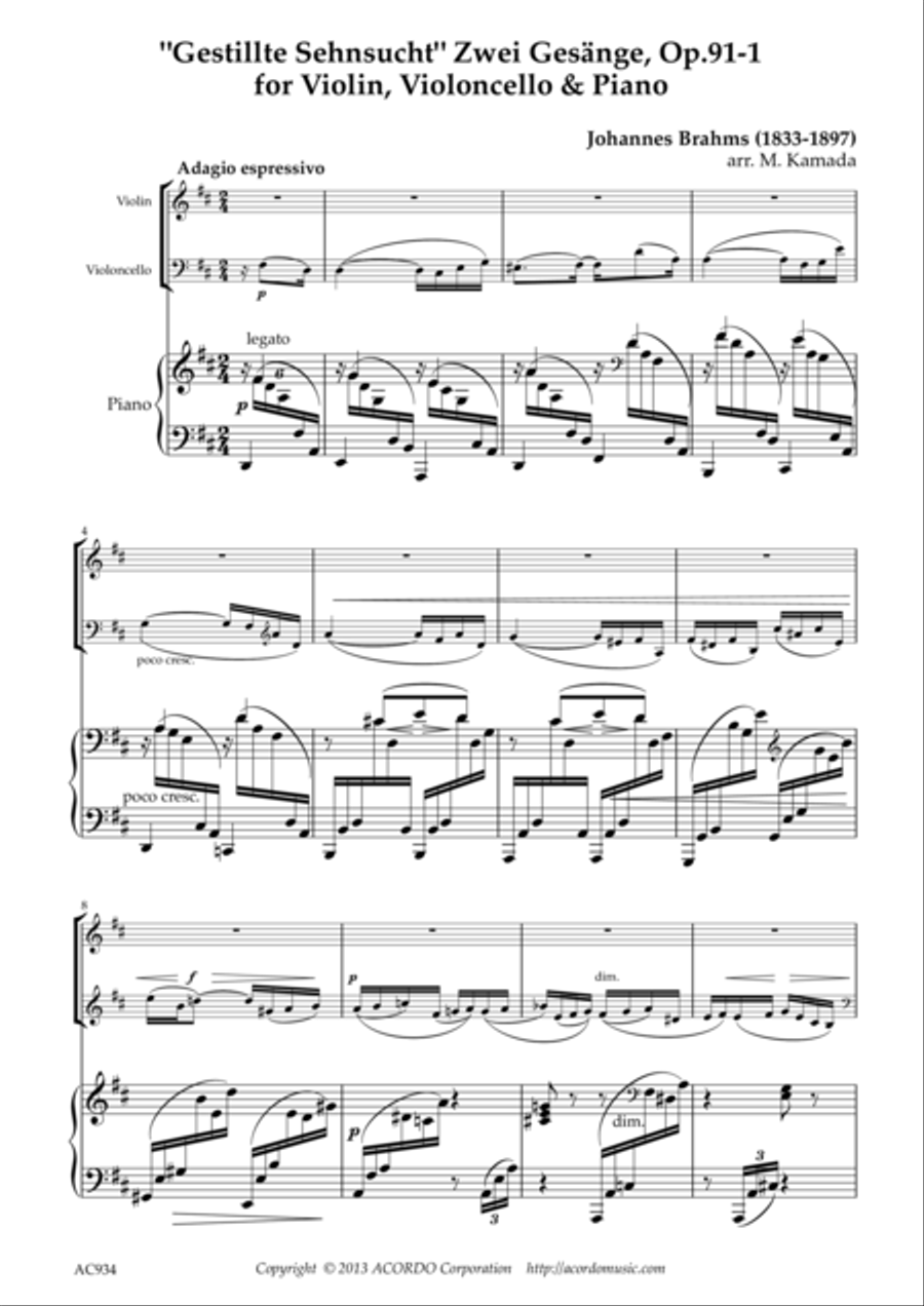 'Gestillte Sehnsucht' Zwei Gesänge, Op.91-1 for Violin, Violoncello & Piano Piano Trio scores gallery preview page 1