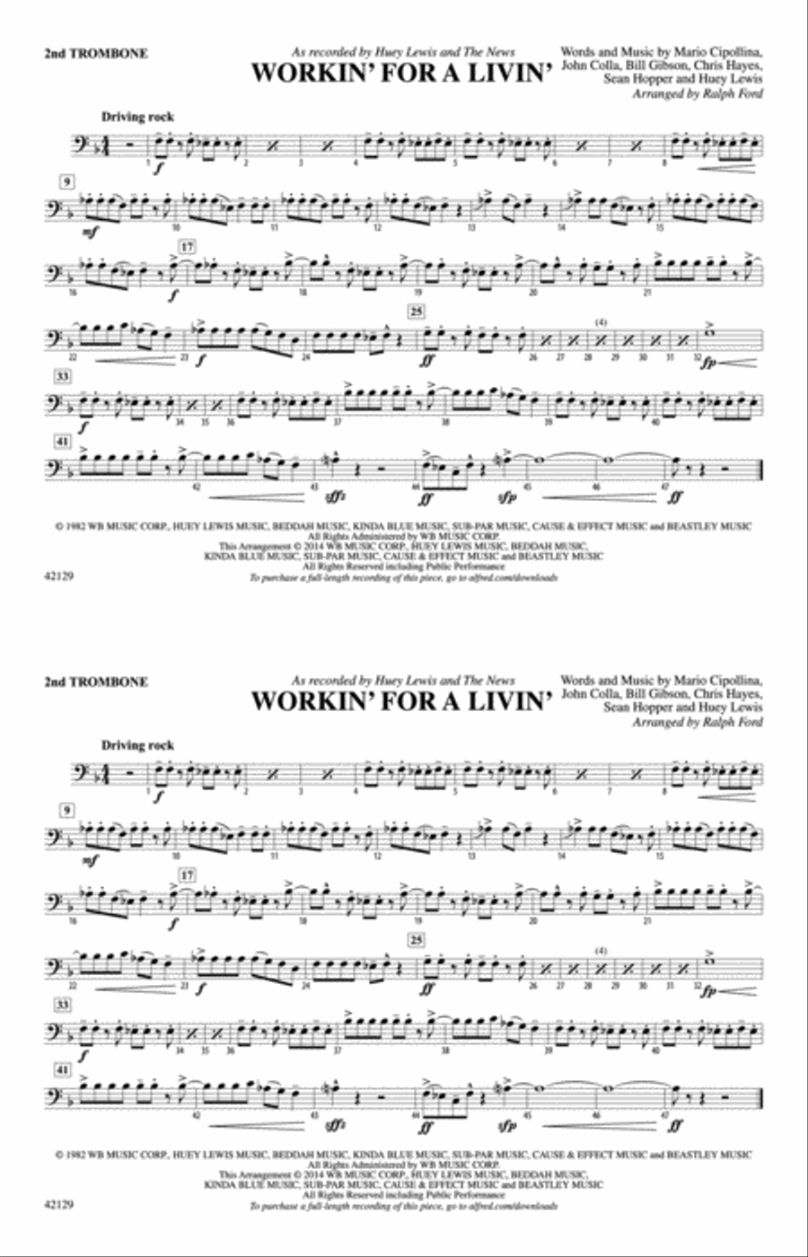 Workin' for a Livin': 2nd Trombone Marching Band scores gallery preview page 1