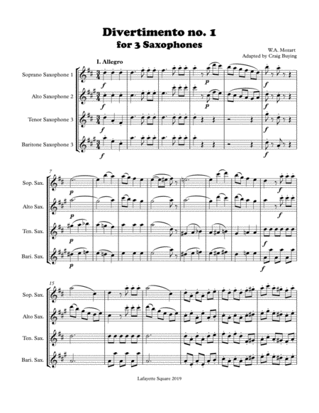 Mozart: Divertimento 1 (Complete 5 mvts) for 3 Saxophones K. 439b image number null