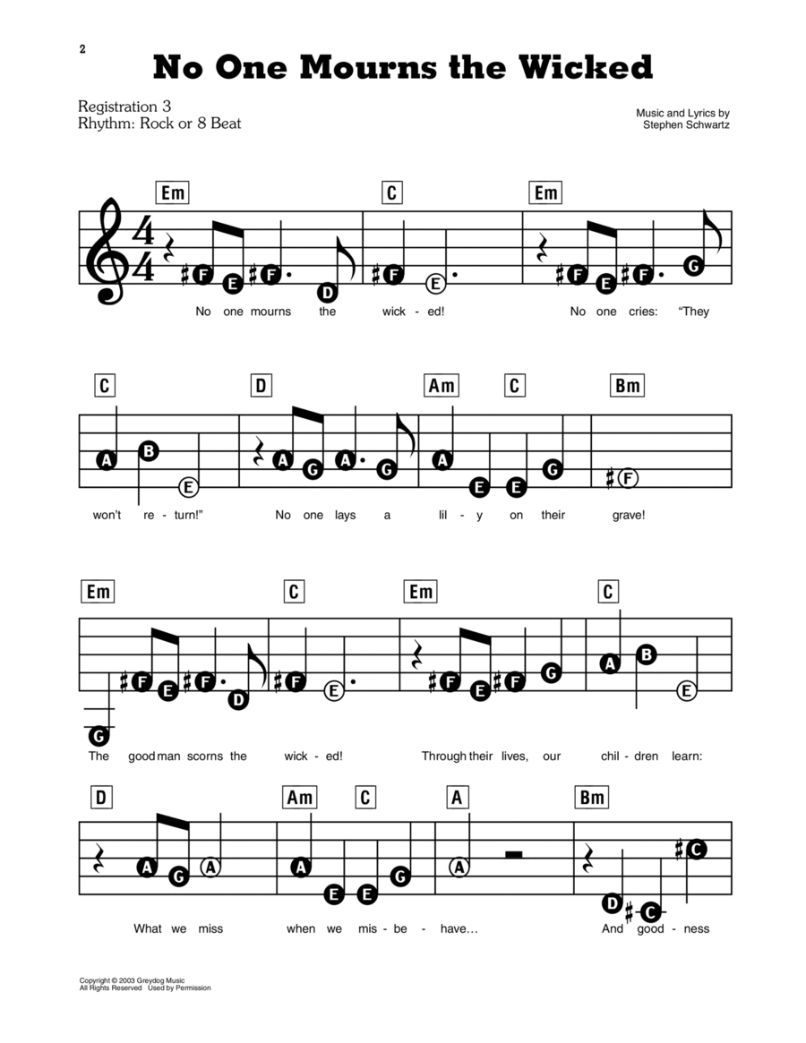 No One Mourns The Wicked (from Wicked) Electronic Keyboard scores gallery preview page 1