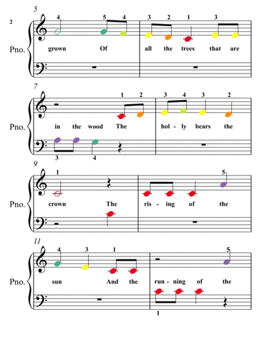 The Holly and the Ivy Beginner Piano Sheet Music with Colored Notes