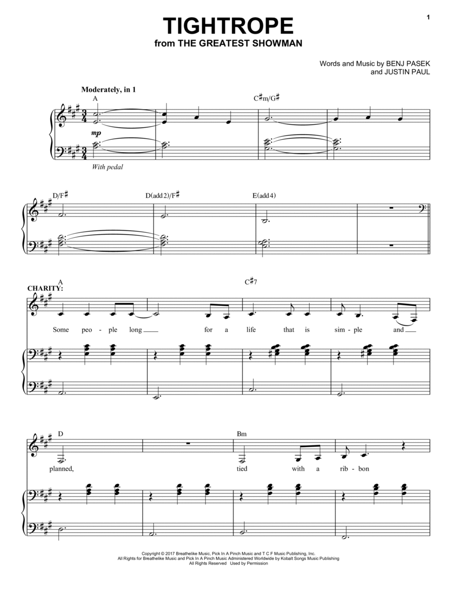 Tightrope (from The Greatest Showman) Voice scores gallery preview page 1