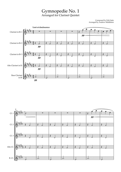 Gymnopedie No. 1 arranged for Clarinet Quintet image number null