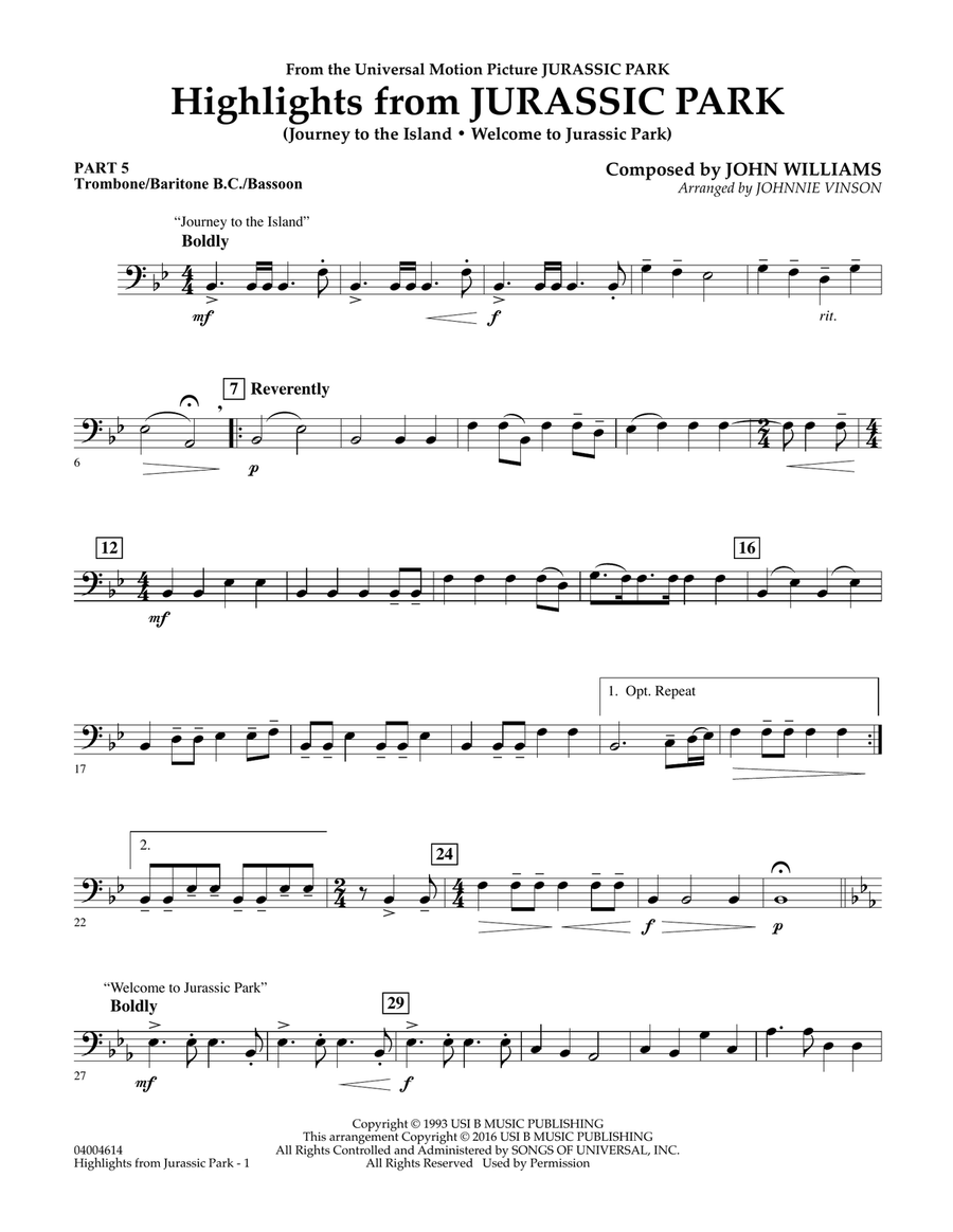 Highlights from Jurassic Park - Pt.5 - Trombone/Bar. B.C./Bsn. Concert Band scores gallery preview page 1