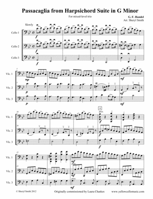 Book cover for Passacaglia in G Minor, arranged for mixed-level trio (three cellos)