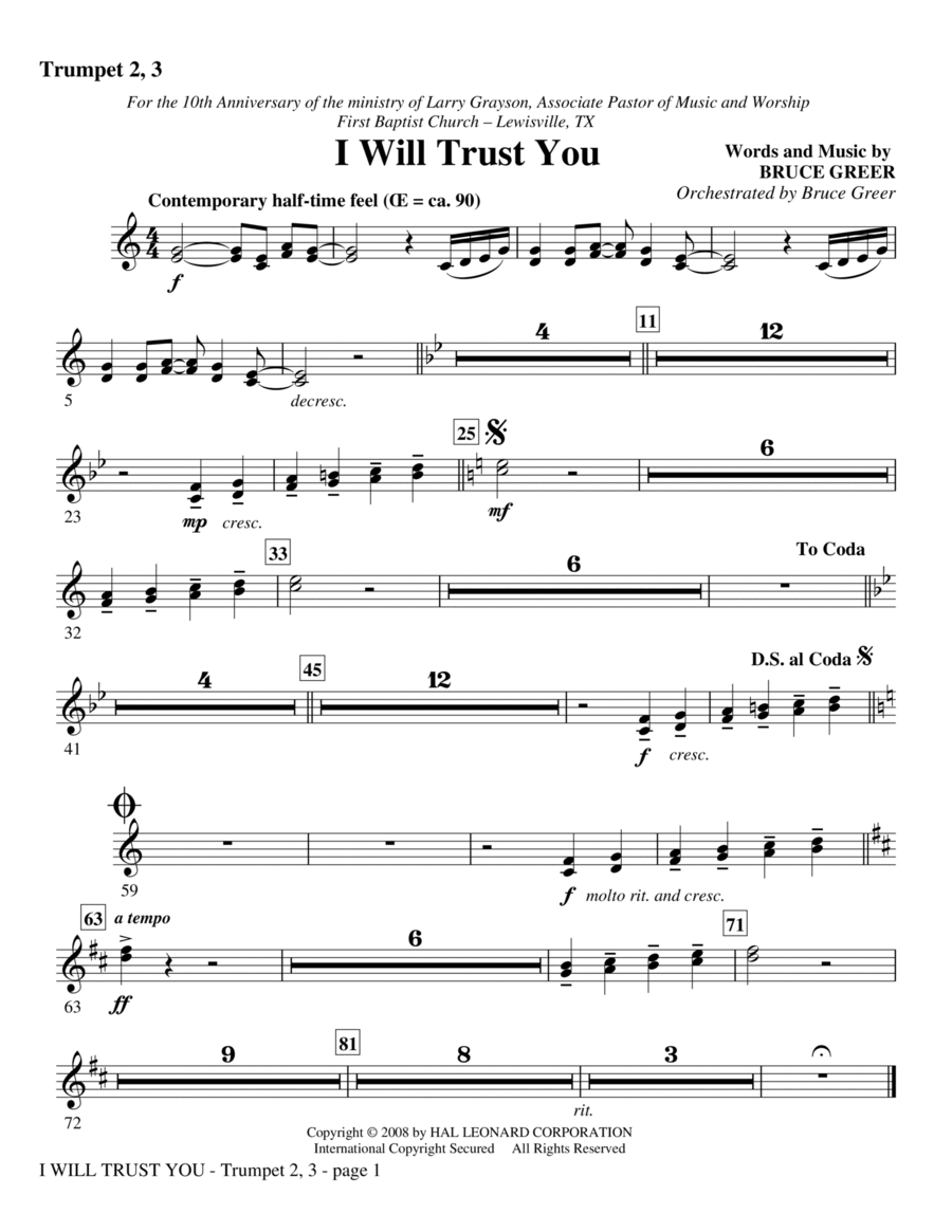 I Will Trust You - Bb Trumpet 2,3 Choir scores gallery preview page 1