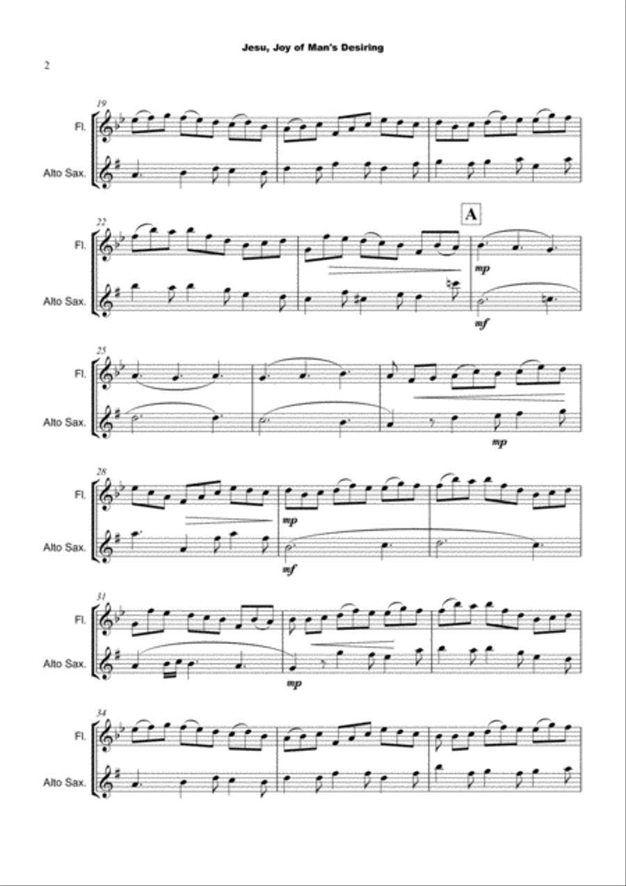 Jesu Joy of Man's Desiring, J S Bach, Flute and Alto Saxophone Duet Woodwind Duet scores gallery preview page 3