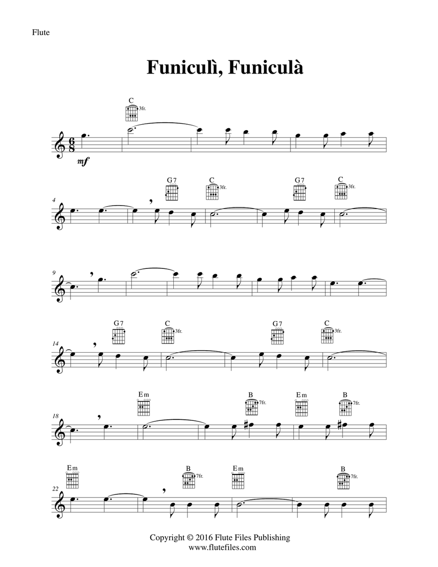 Funiculì, Funiculà - Flute Solo with Guitar Chords Chamber Music scores gallery preview page 3