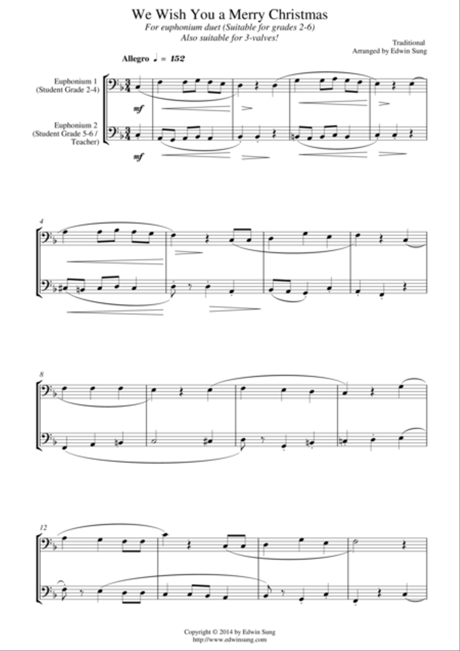 We Wish You a Merry Christmas (for euphonium duet (bass clef, 3 or 4 valved), suitable for grades 2- Brass Duet scores gallery preview page 1