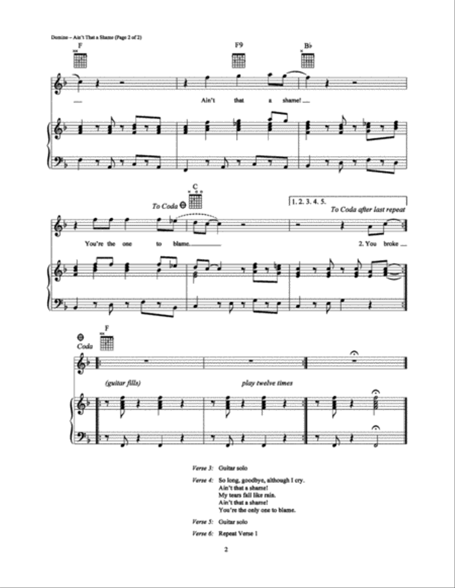 Ain't That a Shame Piano, Vocal, Guitar scores gallery preview page 2