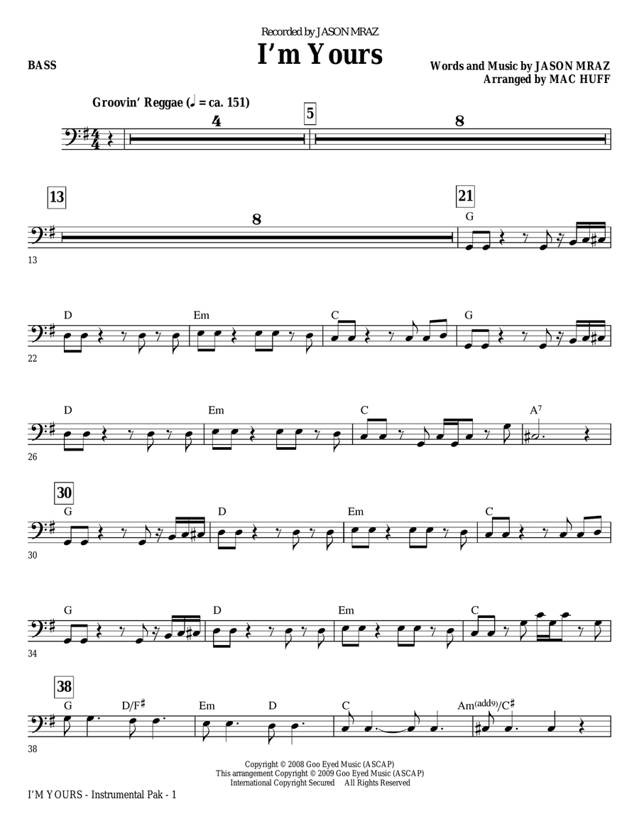 I'm Yours - Bass I'm Yours - Bass Choir scores gallery preview page 1