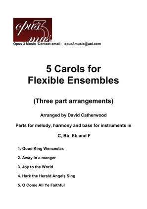 Book cover for 5 Carols in 3 Part Flexible arr. inc Good King Wenceslas, Away in a manger Joy to the World and more