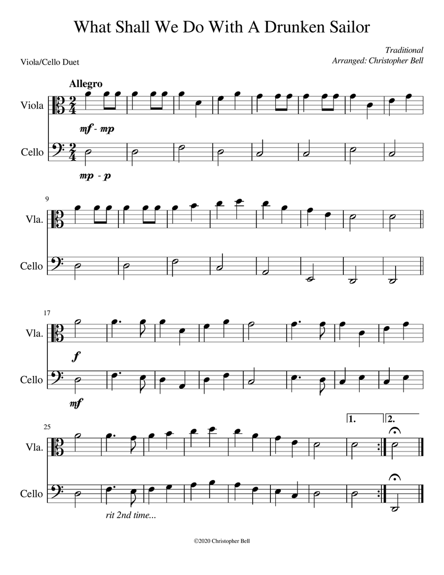 Drunken Sailor - Easy Viola/Cello Duet String Duet scores gallery preview page 1