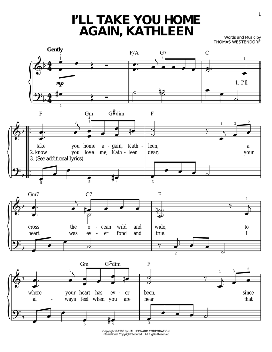 I'll Take You Home Again, Kathleen Easy Piano scores gallery preview page 1
