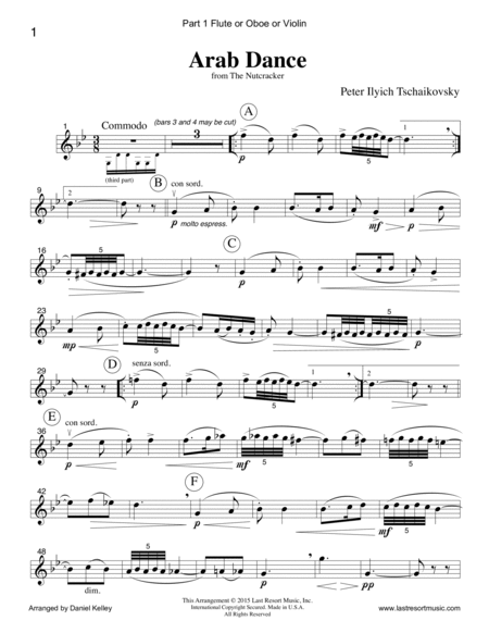 Arab Dance from The Nutcracker for Piano Quartet (Violin, Viola, Cello, PIano) Set of 4 Parts