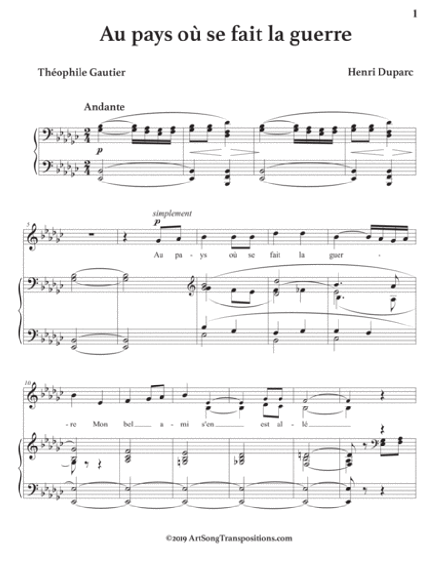 DUPARC: Au pays où se fait la guerre (transposed to E-flat minor) Voice scores gallery preview page 2