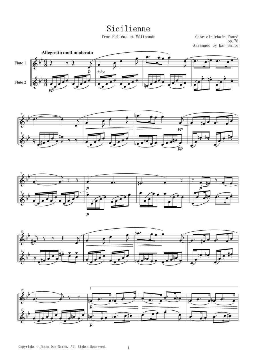 Sicilienne / Gabriel Fauré Flute Duet scores gallery preview page 1