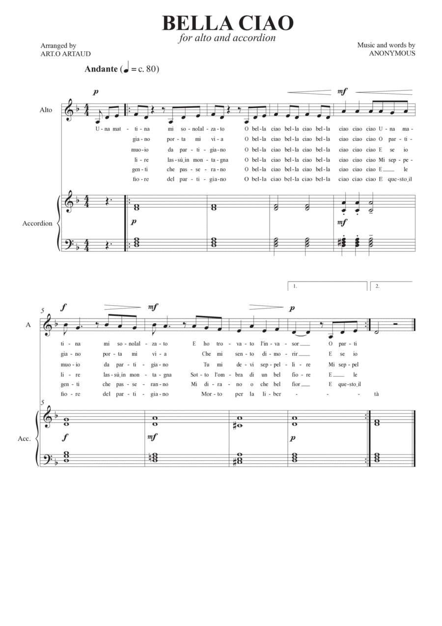 Bella Ciao Alto Voice scores gallery preview page 1