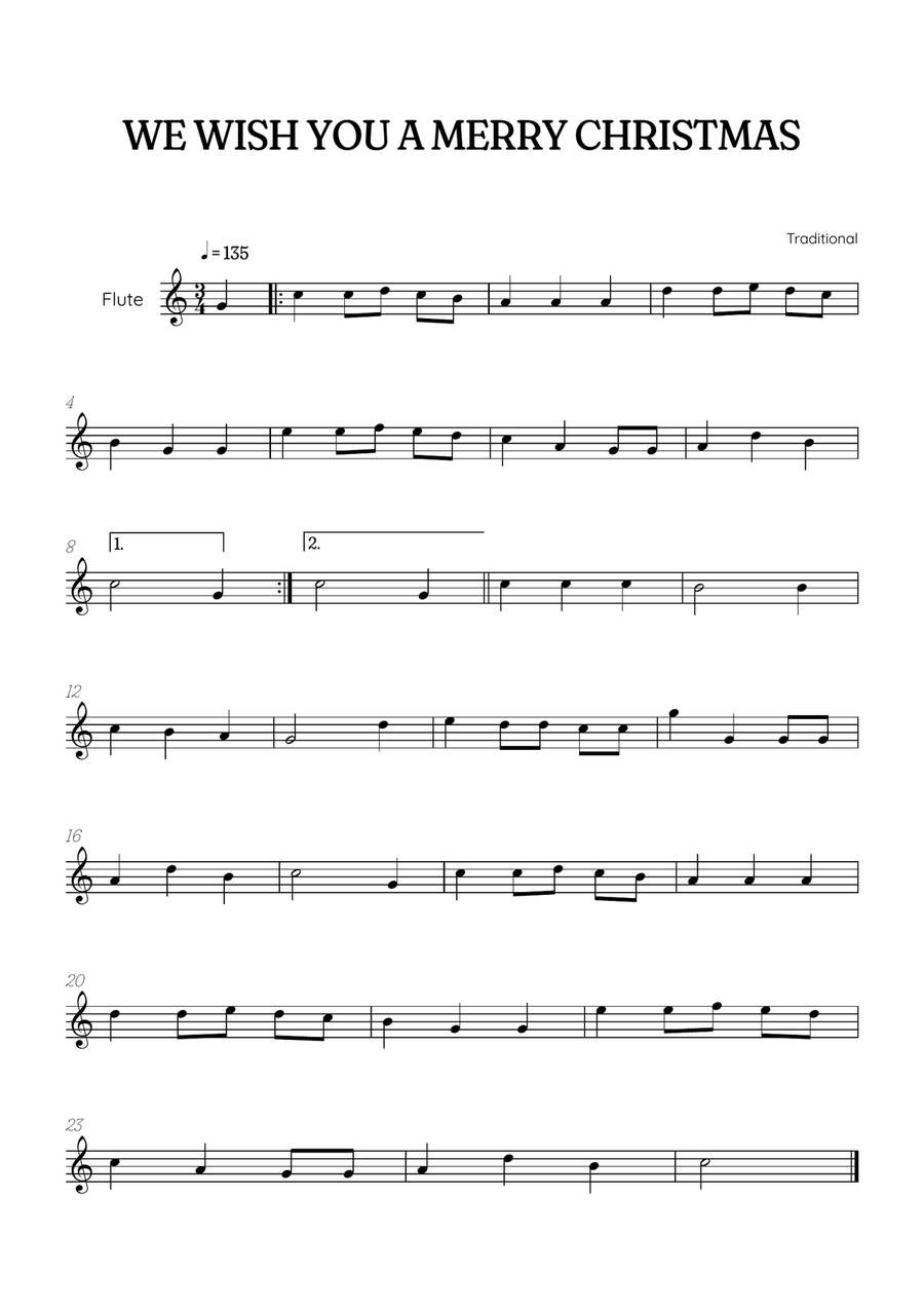 We Wish You a Merry Christmas for flute • easy Christmas sheet music Flute Solo scores gallery preview page 1