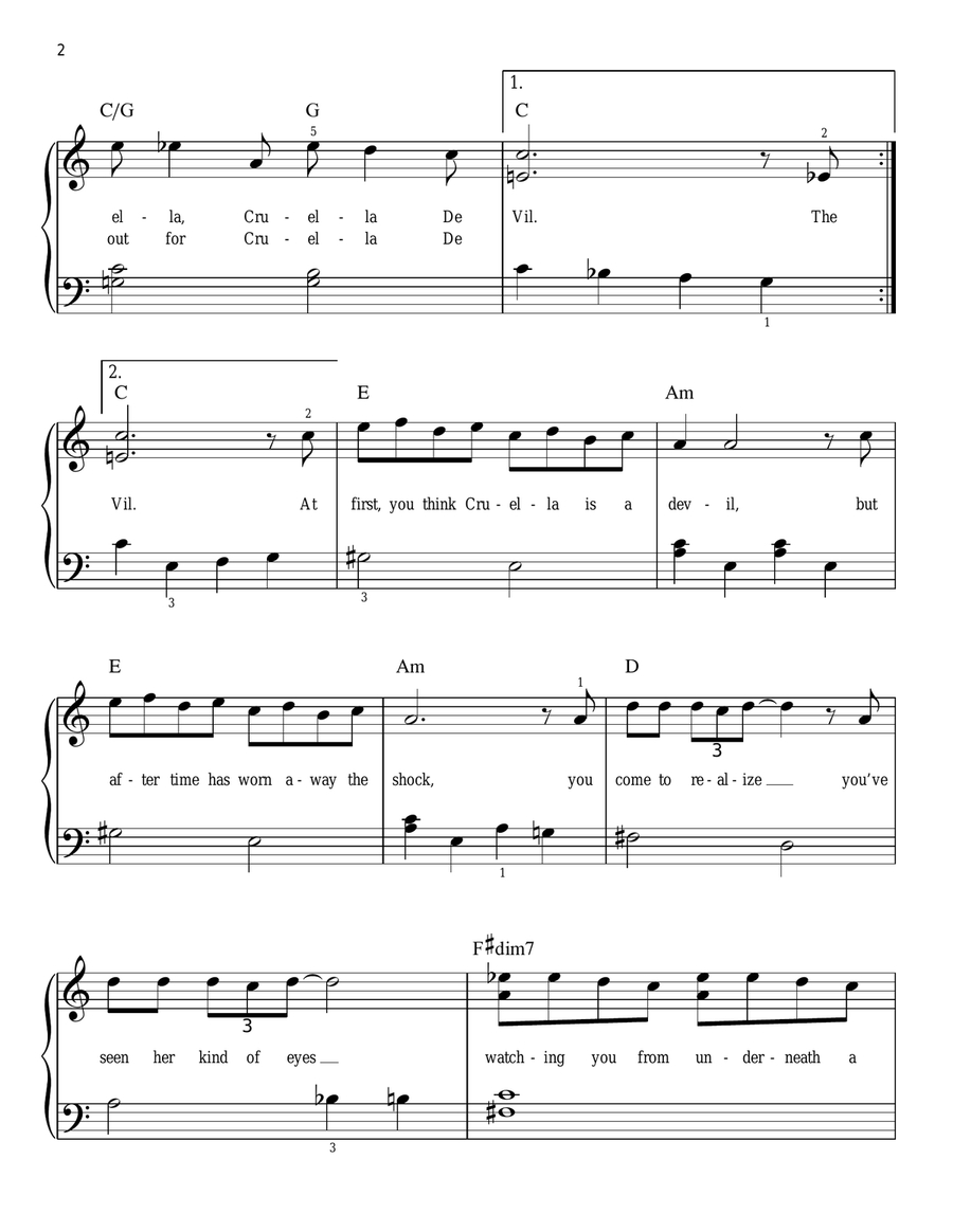 Cruella De Vil (from 101 Dalmations) Easy Piano scores gallery preview page 2