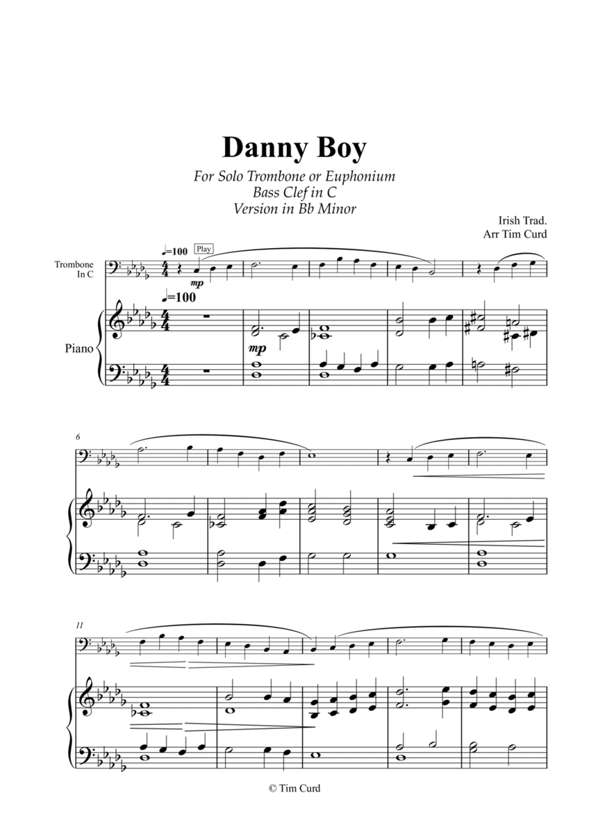 Danny Boy for Solo Trombone/Euphonium in C (bass clef) and Piano. Version in Bb Minor image number null