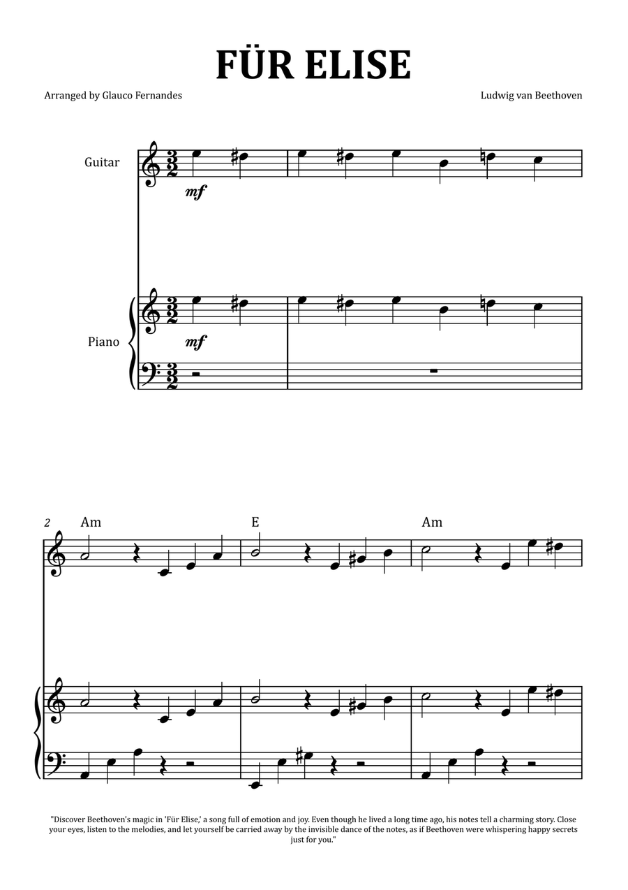Für Elise by Beethoven - Guitar and Piano Acoustic Guitar scores gallery preview page 1