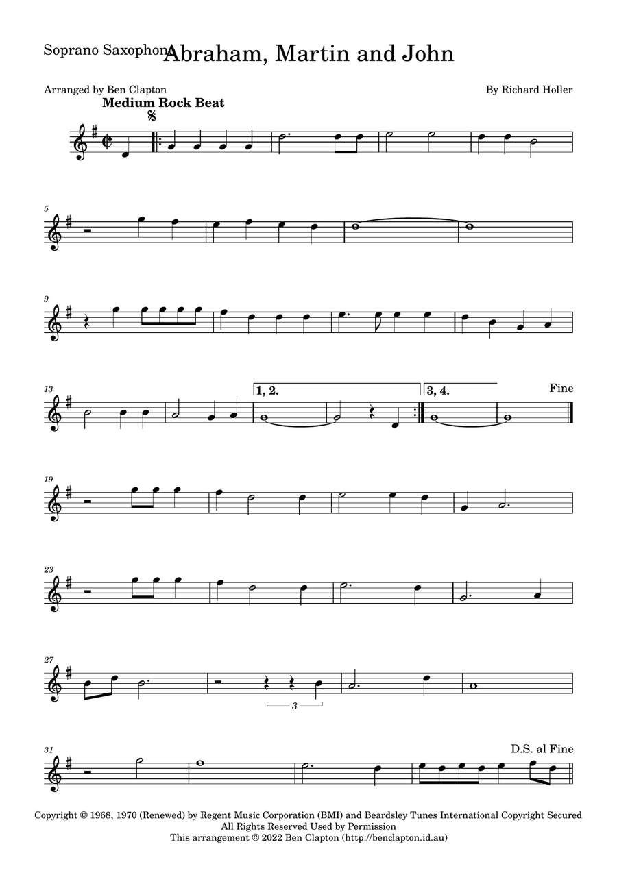 Abraham, Martin And John Abraham, Martin And John Soprano Saxophone scores gallery preview page 1