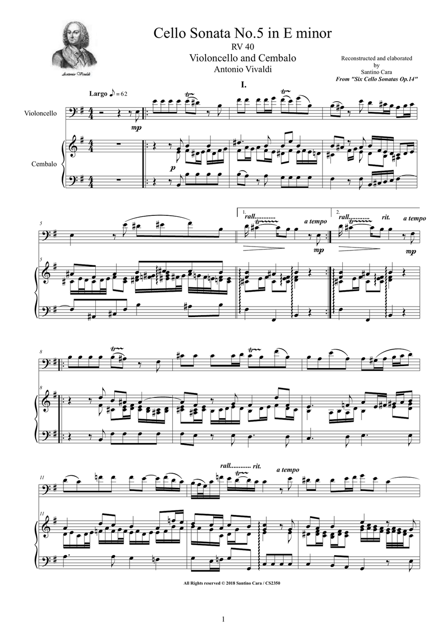 Vivaldi - Cello Sonata No.5 in E minor Op.14 RV 40 for Cello and Cembalo (or Piano) String Duet scores gallery preview page 1