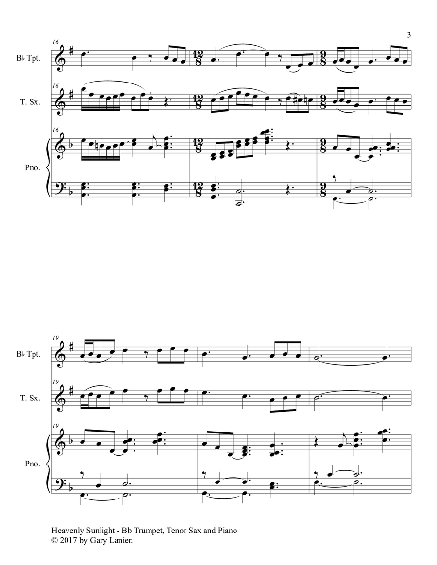 HEAVENLY SUNLIGHT (Trio - Bb Trumpet, Tenor Sax & Piano with Score/Parts) Tenor Saxophone scores gallery preview page 4