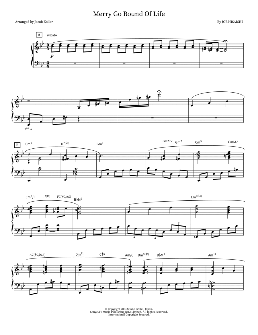 Merry Go Round Of Life Piano Solo scores gallery preview page 1