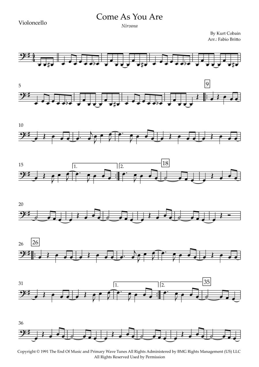 Come As You Are Cello Solo scores gallery preview page 1