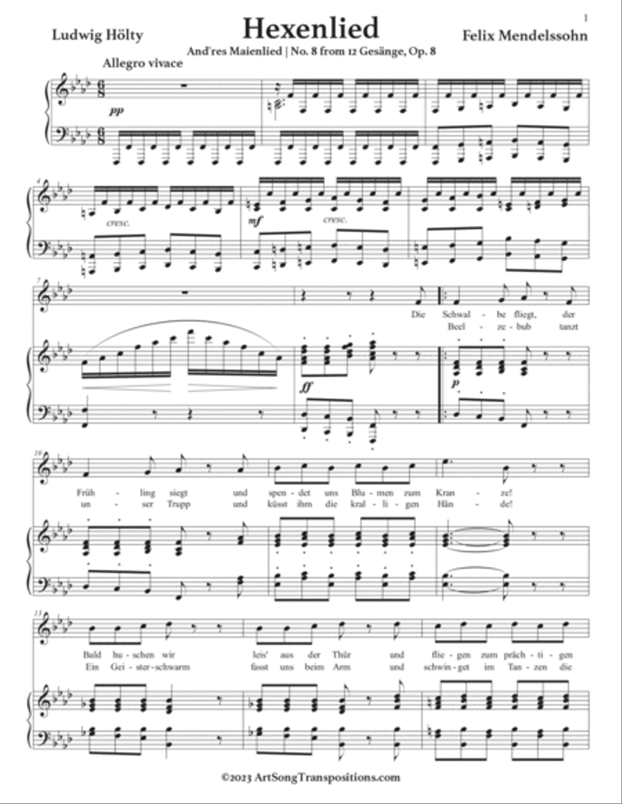 MENDELSSOHN: Hexenlied, Op. 8 no. 8 (transposed to F minor) Voice scores gallery preview page 2