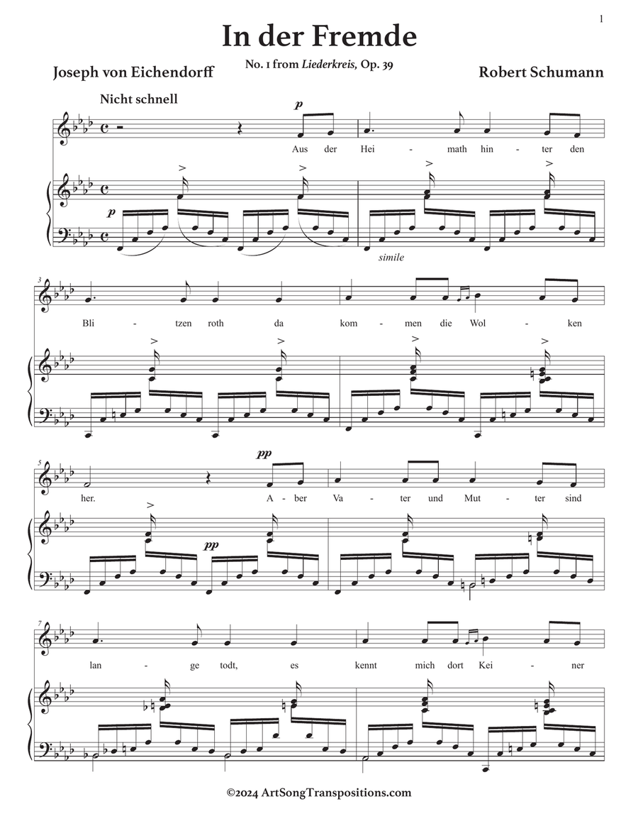 SCHUMANN: In der Fremde, Op. 39 no. 1 (transposed to F minor) Piano, Vocal scores gallery preview page 2