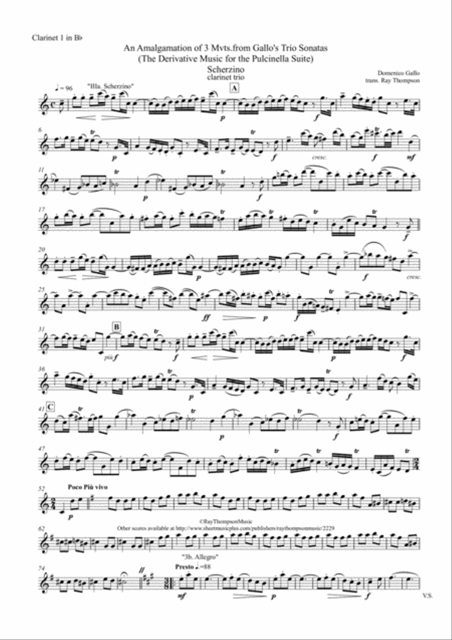 Gallo: 3 movts. from 2 Trio Sonatas (Pulcinella Suite Mvt.III Scherzino) - clarinet trio Clarinet Trio scores gallery preview page 6