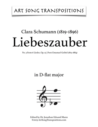 Book cover for CLARA SCHUMANN: Liebeszauber, Op. 13 no. 3 (transposed to D-flat major)