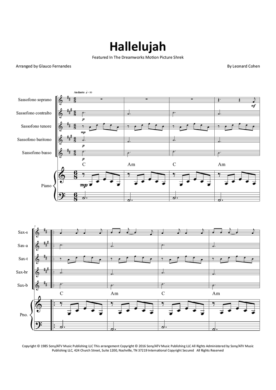Hallelujah Saxophone Quintet scores gallery preview page 1