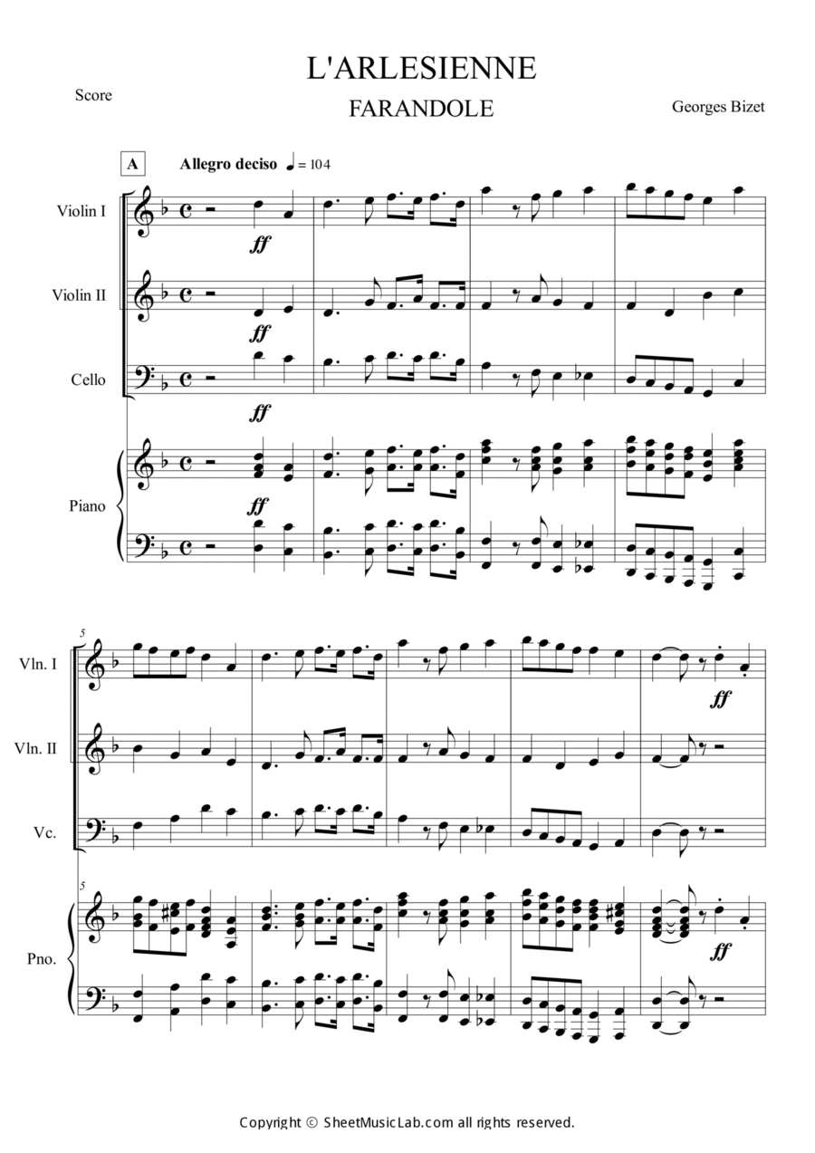 L'Arlesienne Suit No.2 Farandole Piano Quartet scores gallery preview page 1