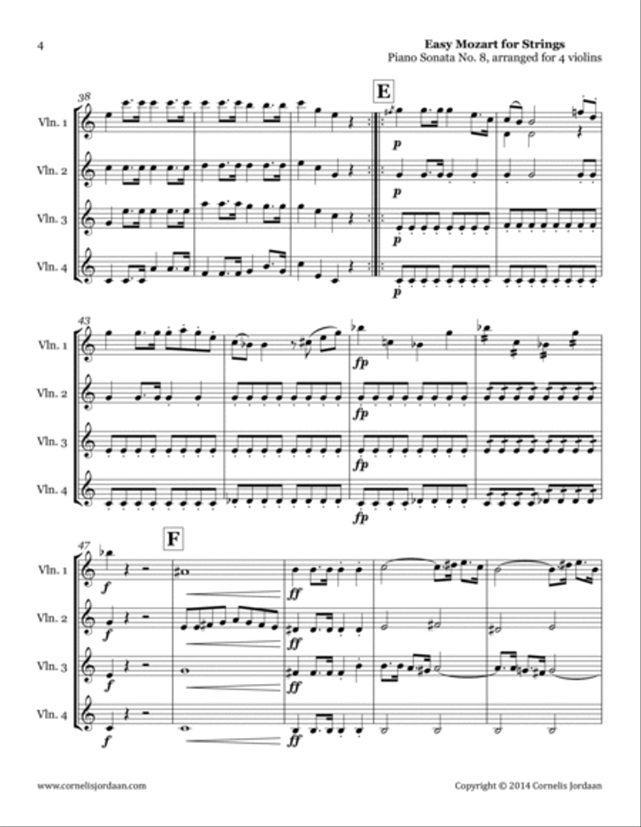Easy Mozart for Strings - Piano Sonata No. 8, arranged for 4 violins String Orchestra scores gallery preview page 4