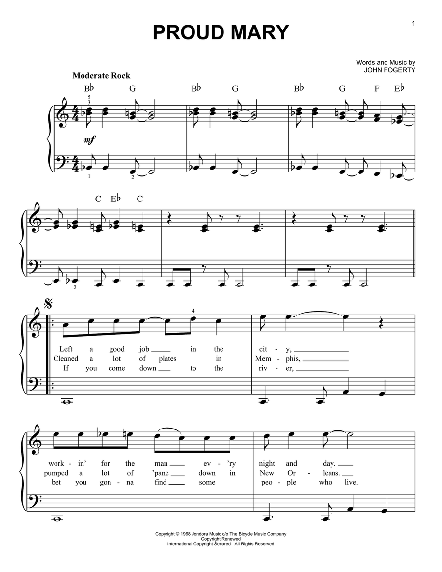Proud Mary Easy Piano scores gallery preview page 1