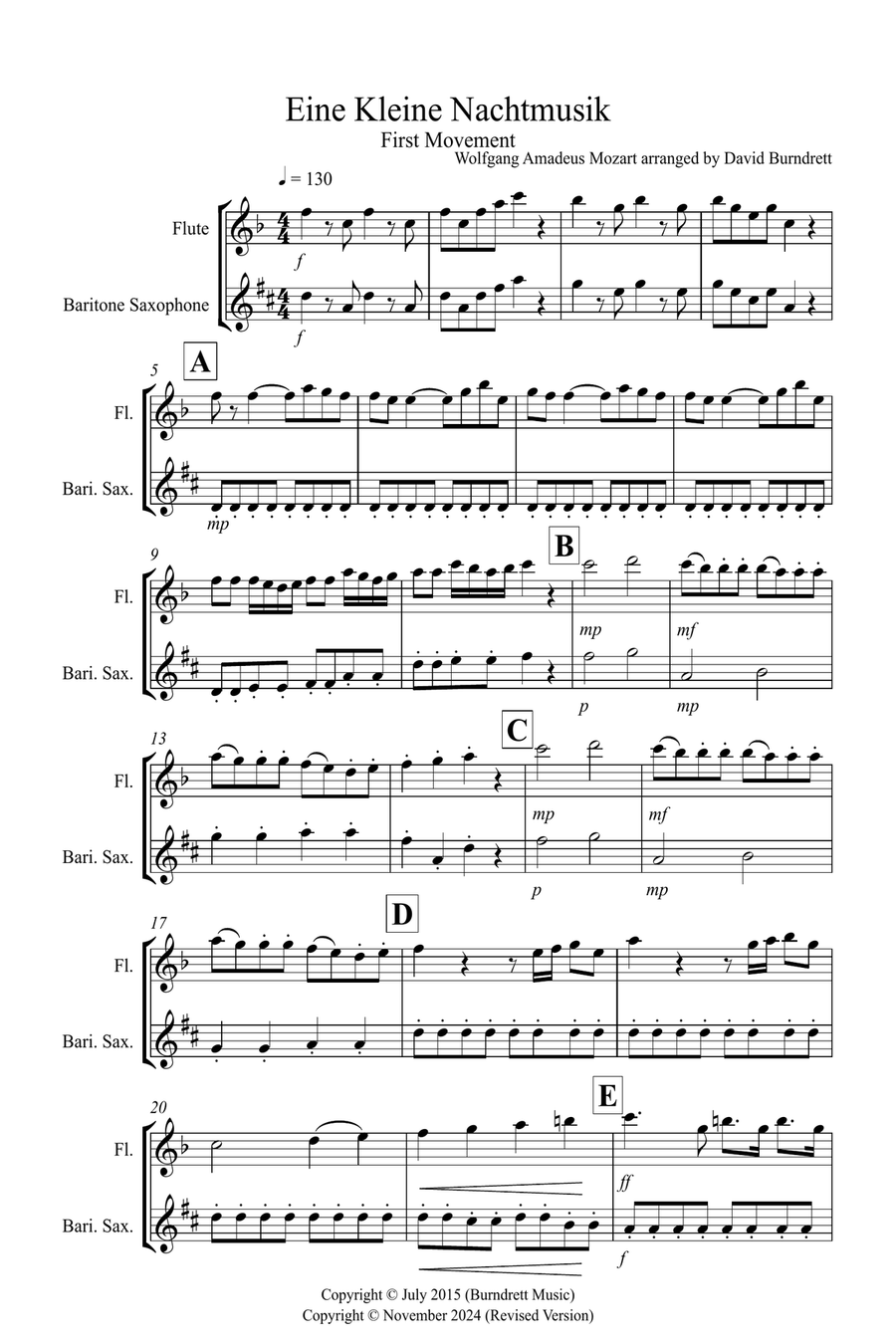 Eine Kleine (1st Movement) for Flute and Baritone Saxophone Duet Woodwind Duet scores gallery preview page 1