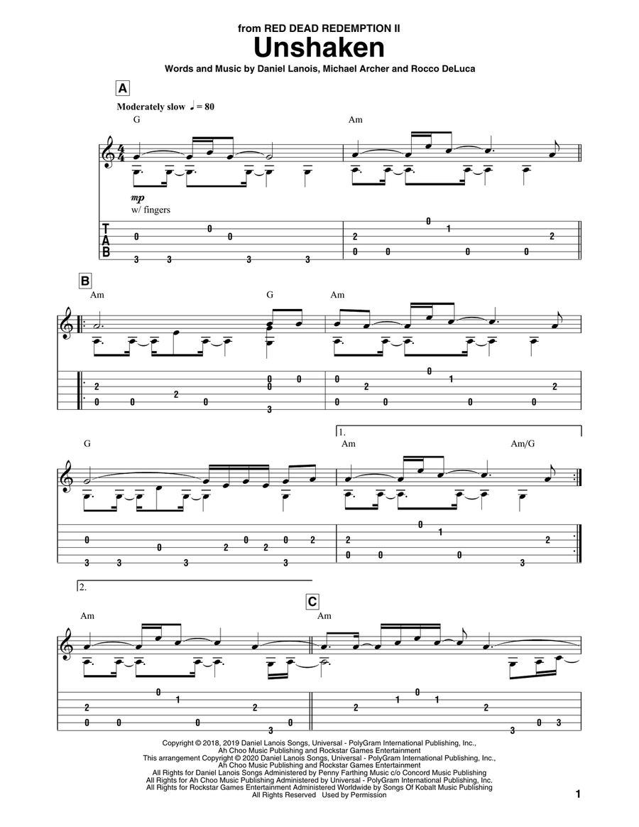 Unshaken (from Red Dead Redemption 2) Guitar Solo scores gallery preview page 1