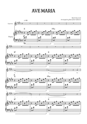 Bach / Gounod Ave Maria in E major • soprano sheet music with piano accompaniment and chords